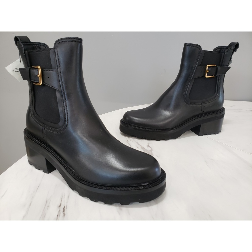NEW NO BOX 8.5 Cole Haan Shibley Lug Buckle Booties Black Leather Riding Chelsea